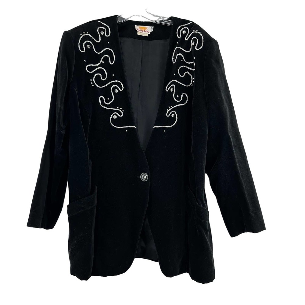 Vintage Sunny Lady Black Velvet Blazer‎ Womens Size 18W Embroidered Button Lined
